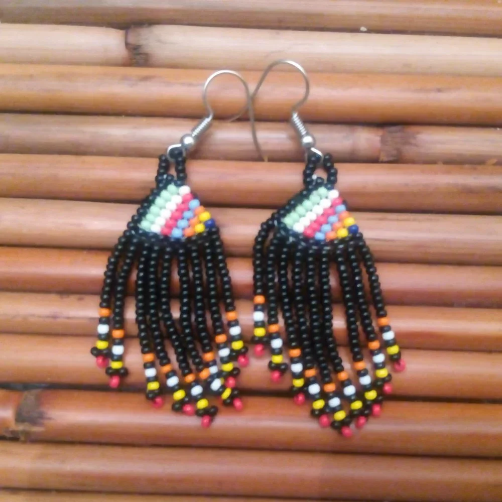 Seed Bead Dangly Black & Multicolored Statement Earrings NEW